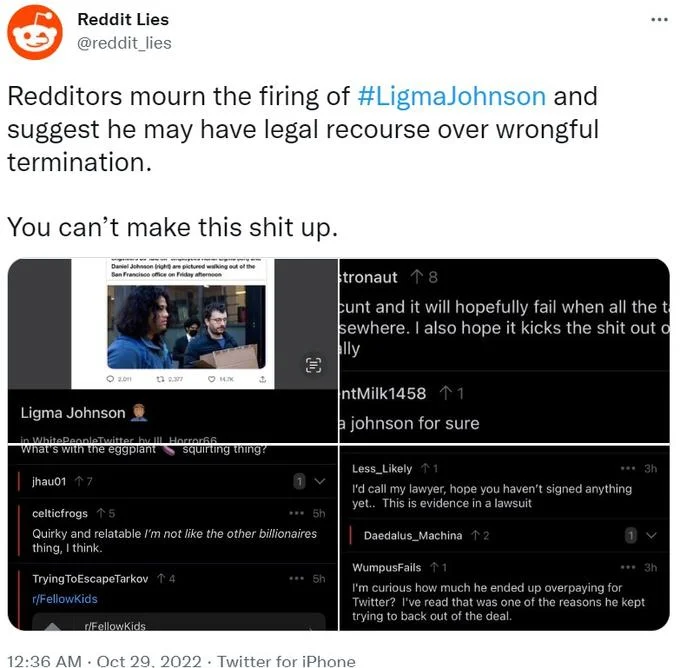 Rahul Ligma And Daniel Johnson — Tweet showing Reddit comments where users mourn the fake firing of Ligma Johnson