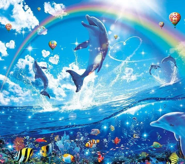 Rainbow Dolphin — Dolphins jumping over a rainbow in fantasy ocean artwork