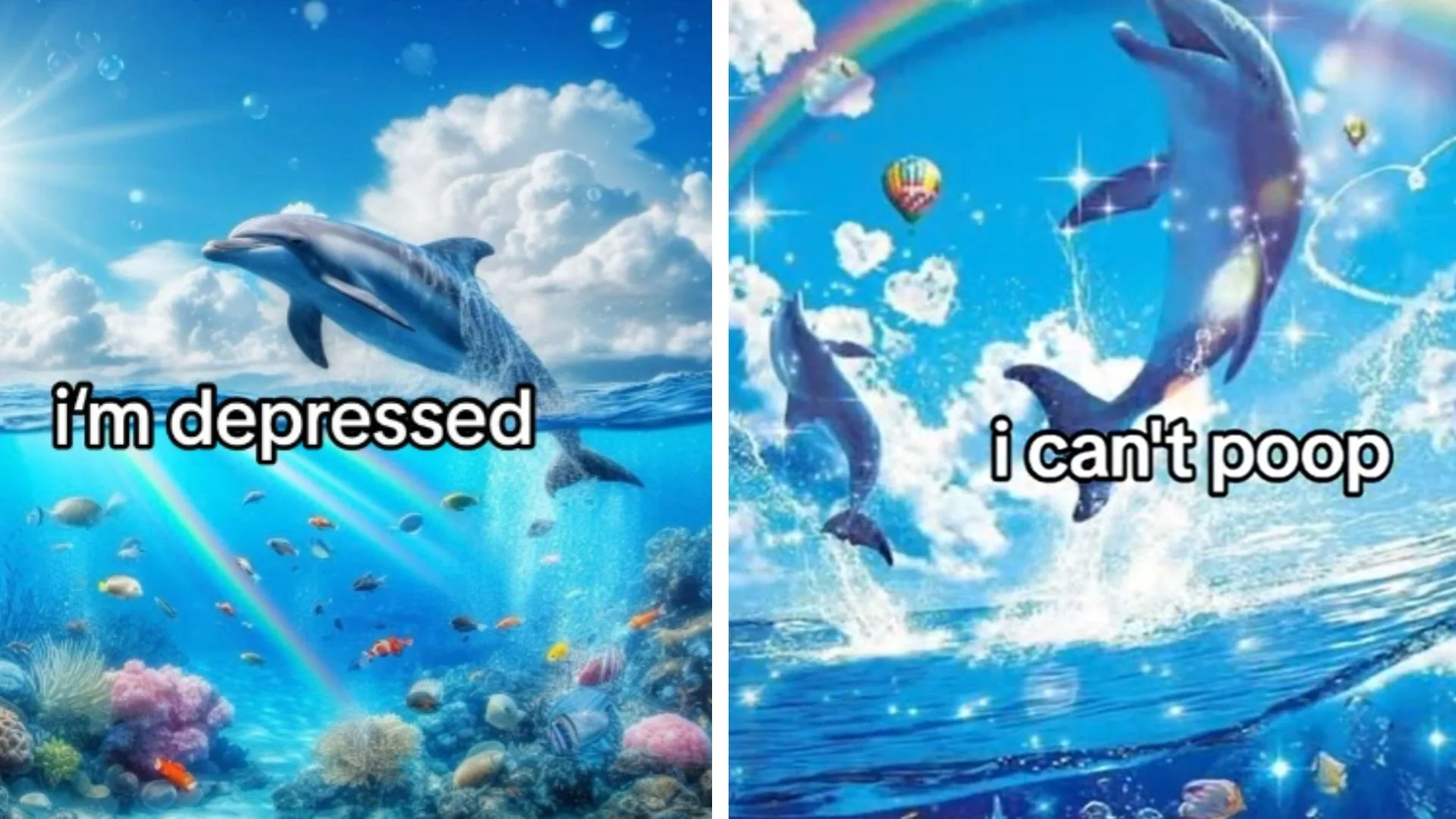 Rainbow Dolphin — Two-panel meme with dolphin artwork captioned 'i'm depressed' and 'i can't poop'