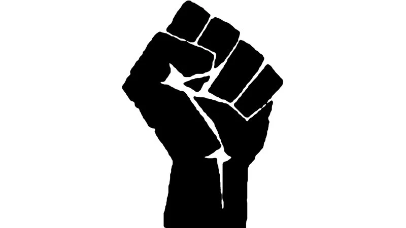 A stark, high-contrast graphic of a clenched raised fist rendered as a solid black silhouette on plain white background with fine white lines detailing