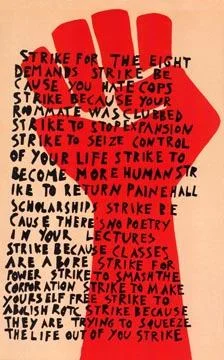 A hand-lettered protest poster featuring a bold red raised fist at the top with densely packed black text listing reasons to strike.