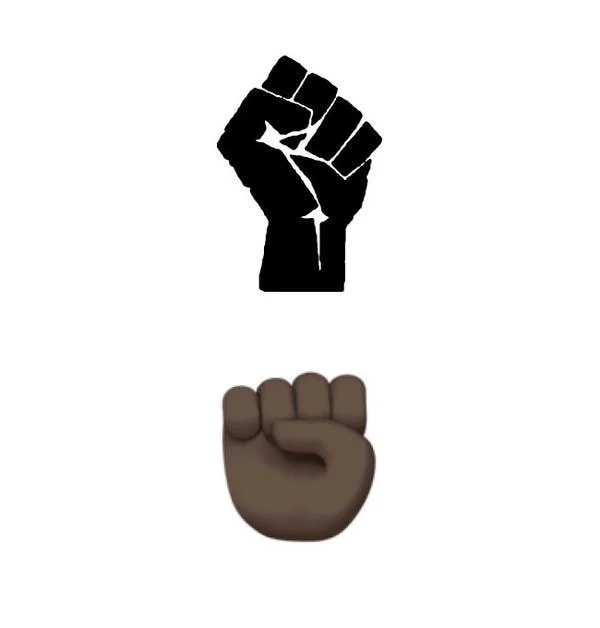 A clean white-background image presenting two versions of the raised fist: the classic flat black power fist silhouette and the dark brown raised fist emoji.