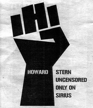 A black-and-white printed advertisement featuring a large black raised fist graphic with stylized 'IHI' letters and text 'HOWARD STERN UNCENSORED ONLY ON