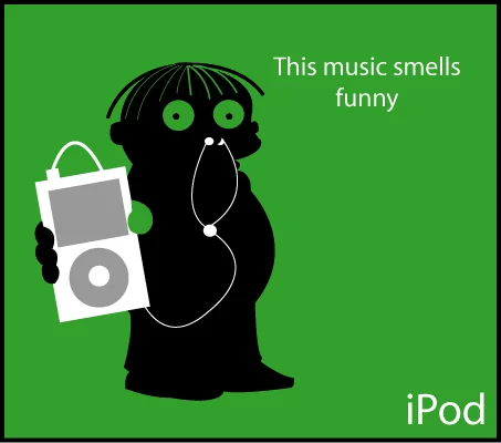 Apple iPod ad parody with silhouetted Ralph Wiggum and the caption This music smells funny