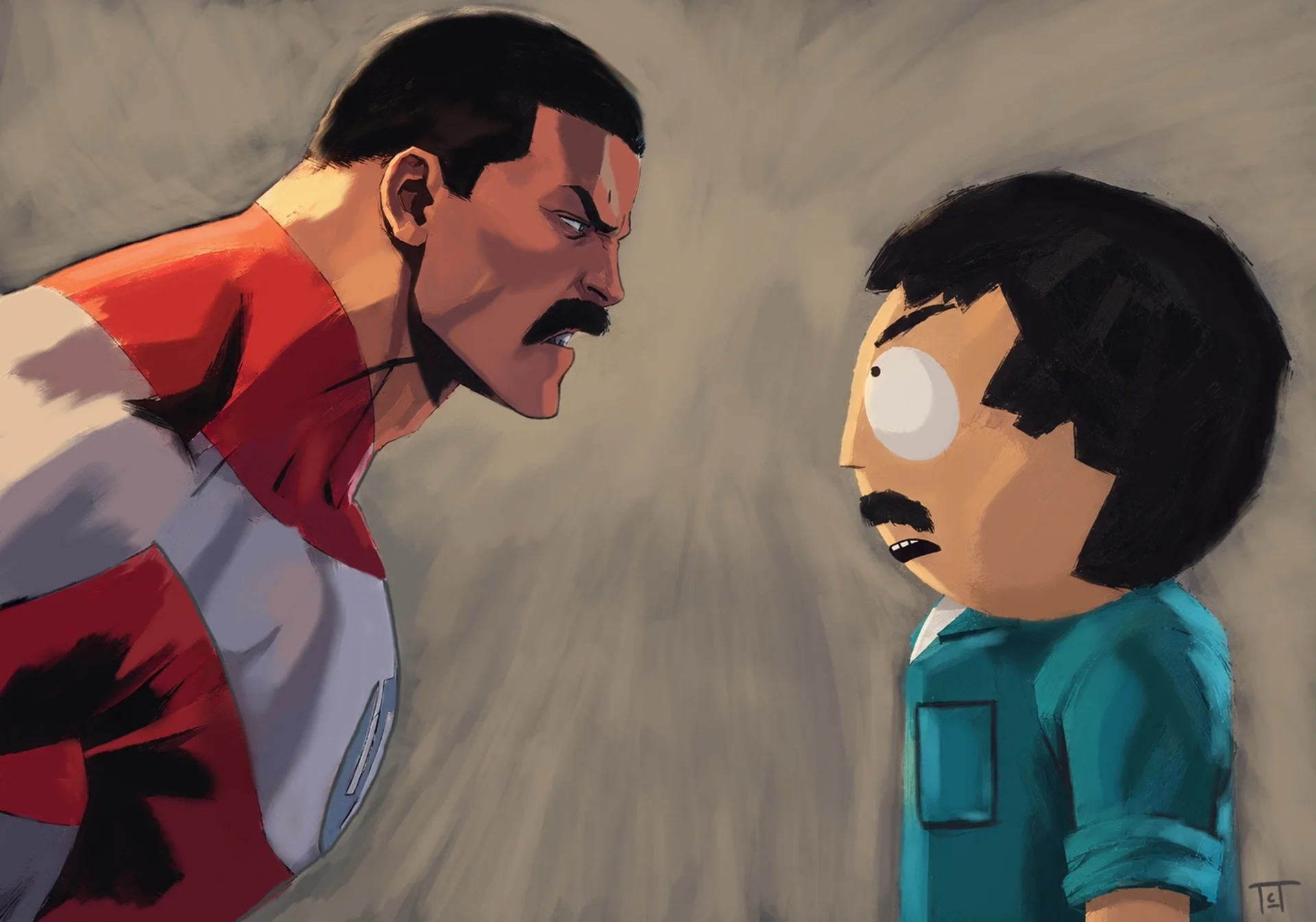 Randy Marsh vs. — Painted artwork of Omni-Man snarling at a shocked Randy Marsh in a dramatic standoff