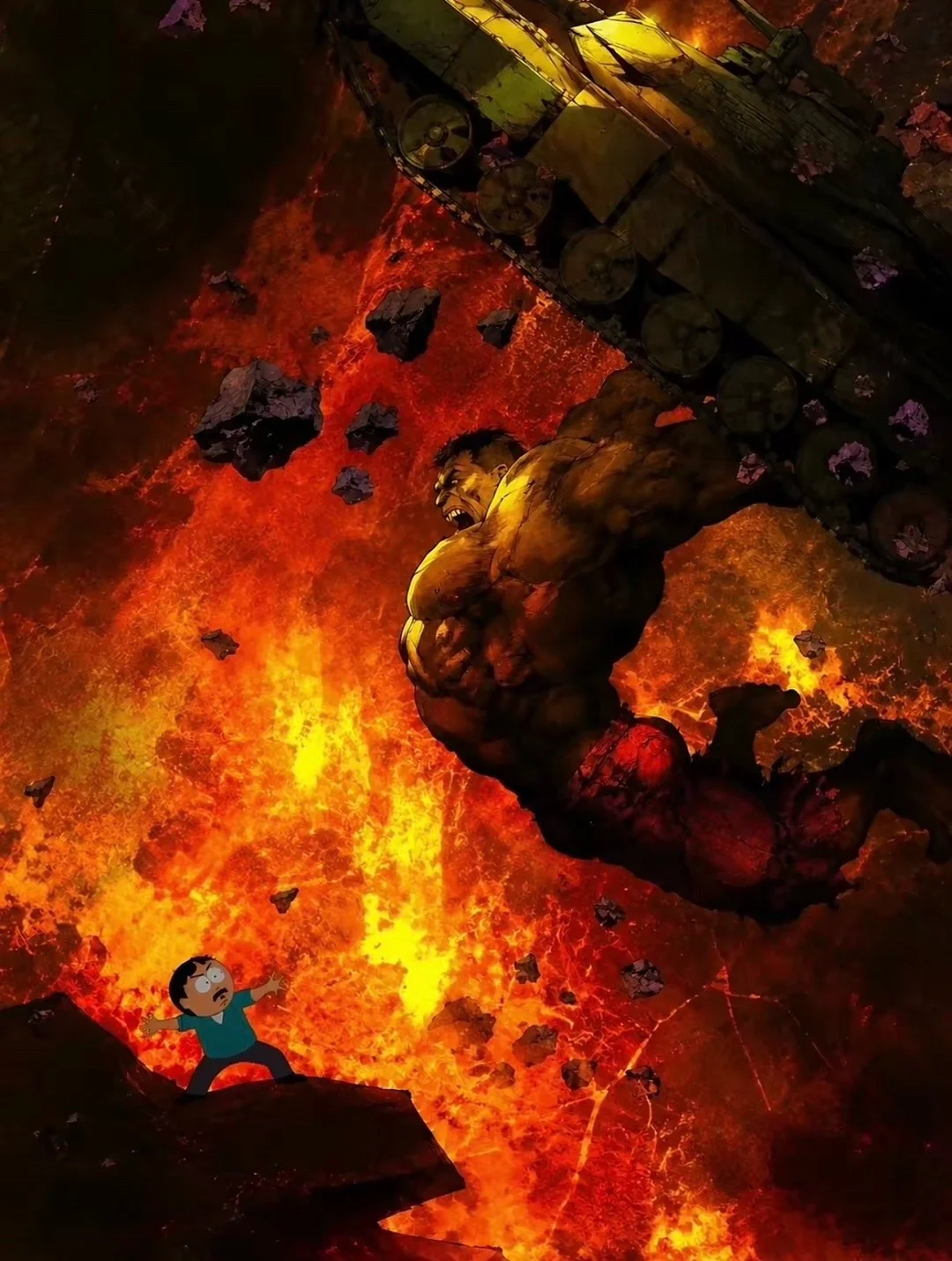 Randy Marsh vs. — Randy Marsh facing a giant Hulk throwing a tank in a fiery lava landscape