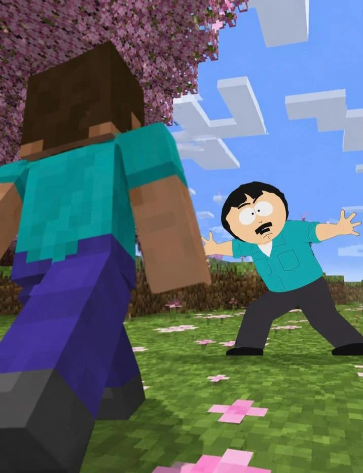 Randy Marsh vs. — Randy Marsh facing off against Minecraft Steve in a pixelated grass field with cherry blossoms