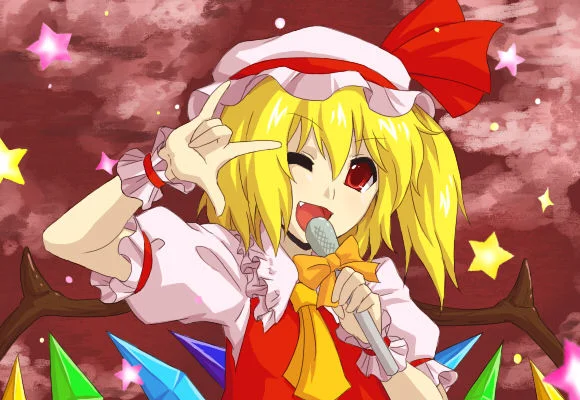 Ranka Lee's Kira Pose — Flandre Scarlet from Touhou doing the kira hand pose with microphone