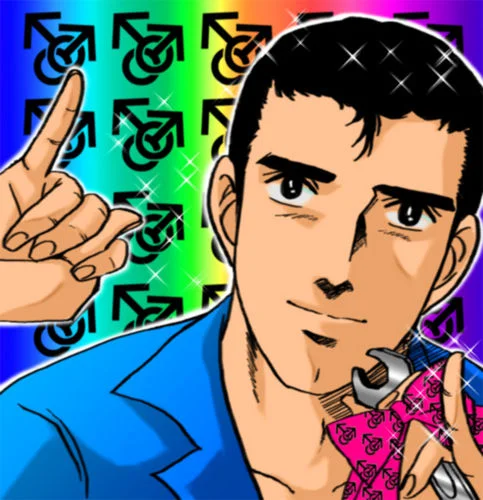 Ranka Lee's Kira Pose — Manly manga character doing the kira pose with wrench and male symbols background