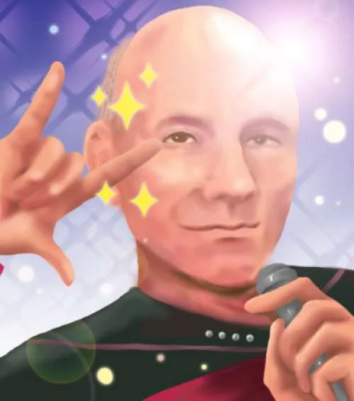 Ranka Lee's Kira Pose — Captain Picard illustration doing the kira pose with microphone and sparkles