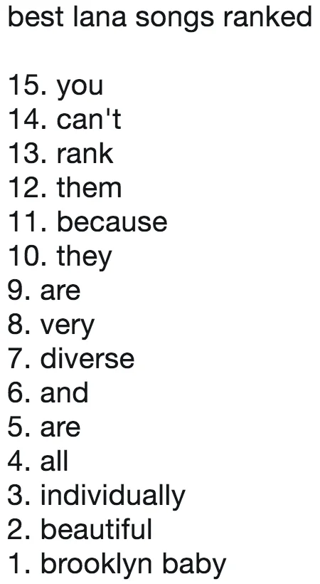 Ranked Lists — Numbered list with fragmented text describing why Lana songs are too diverse to rank, concluding with Brooklyn Baby at number one.