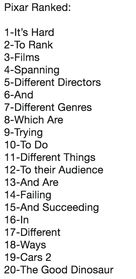 Ranked Lists — Black background with white text showing numbered list items fragmenting into phrases about Pixar ranking difficulty with hidden final entry.