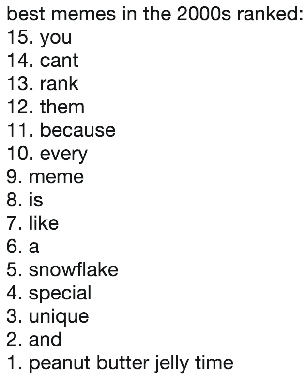 Ranked Lists — Numbered list with fragmented text comparing each meme to a unique snowflake, ending with peanut butter jelly time as number one.