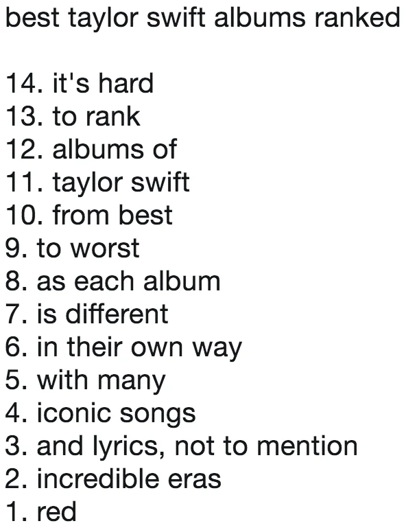 Ranked Lists — Numbered list with fragmented text about why Taylor Swift albums are incomparable due to diversity and quality, with Red selected at number one.