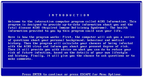 A blue-screen text display showing the introduction of the 'AIDS Information' interactive computer program, the first known ransomware from 1989 distributed on