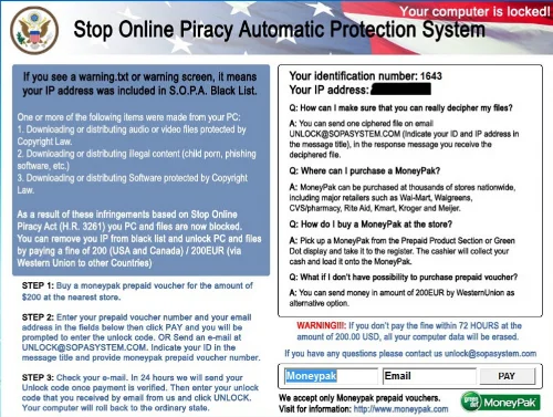 A ransomware lock screen using 'Stop Online Piracy Automatic Protection System' branding claiming illegal file downloads and demanding $200 or 200EUR via