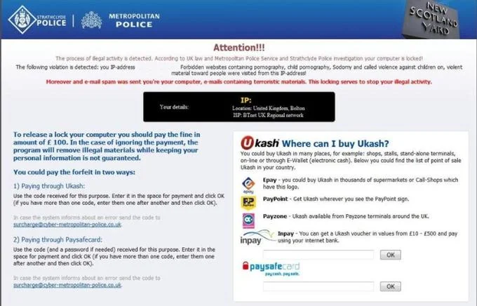 A ransomware lock screen impersonating Metropolitan Police and Strathclyde Police claiming illegal activity detection and demanding £100 payment via Ukash or