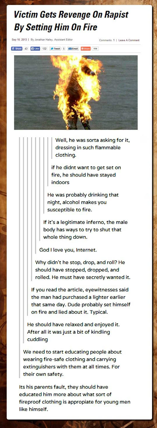 Rape Culture — Screenshot of a satirical article with victim-blaming parody comments about a man set on fire