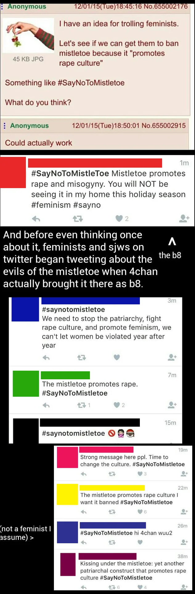 Rape Culture — Screenshots of 4chan #SayNoToMistletoe trolling scheme and resulting Twitter posts