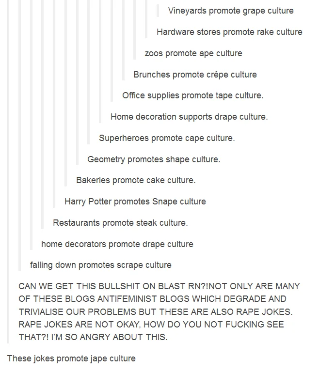 Tumblr text post debating what does and doesn't count as rape culture