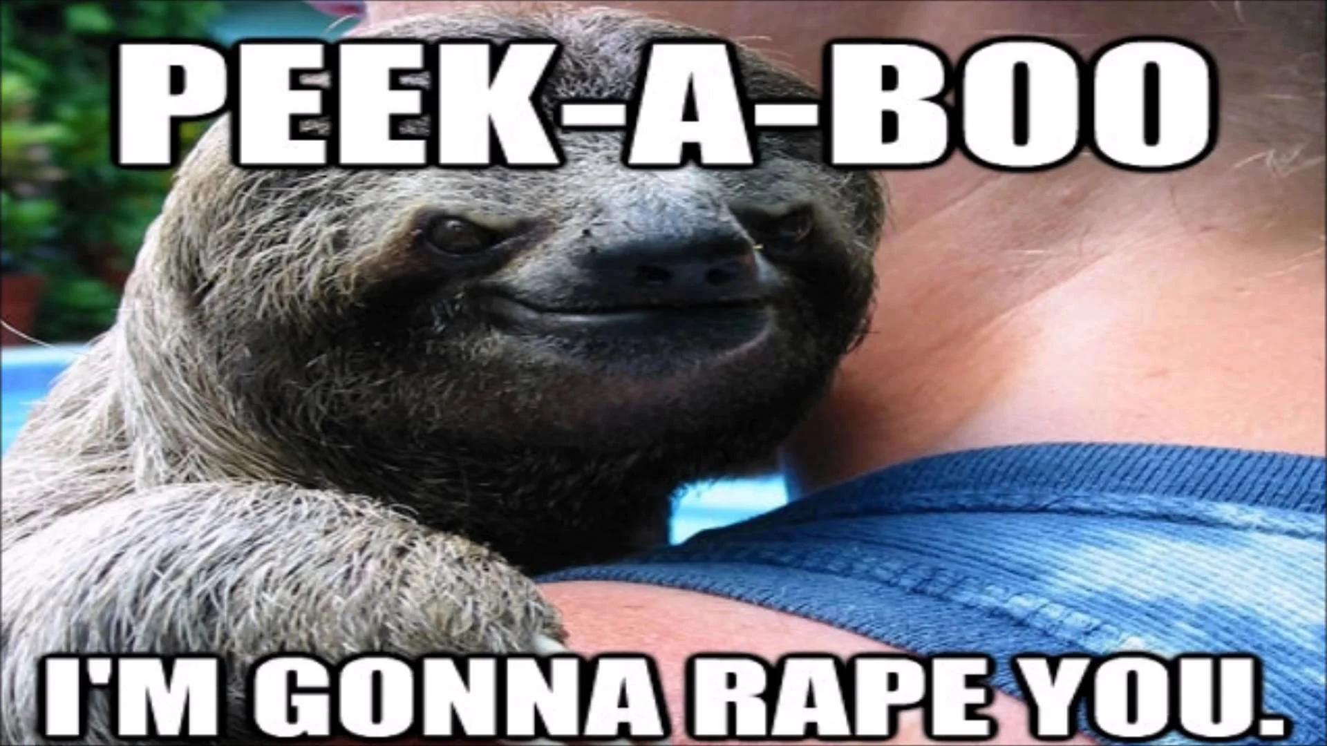 Rape Sloth — Sloth resting on a person's shoulder with 'Peek-a-boo I'm gonna rape you' caption