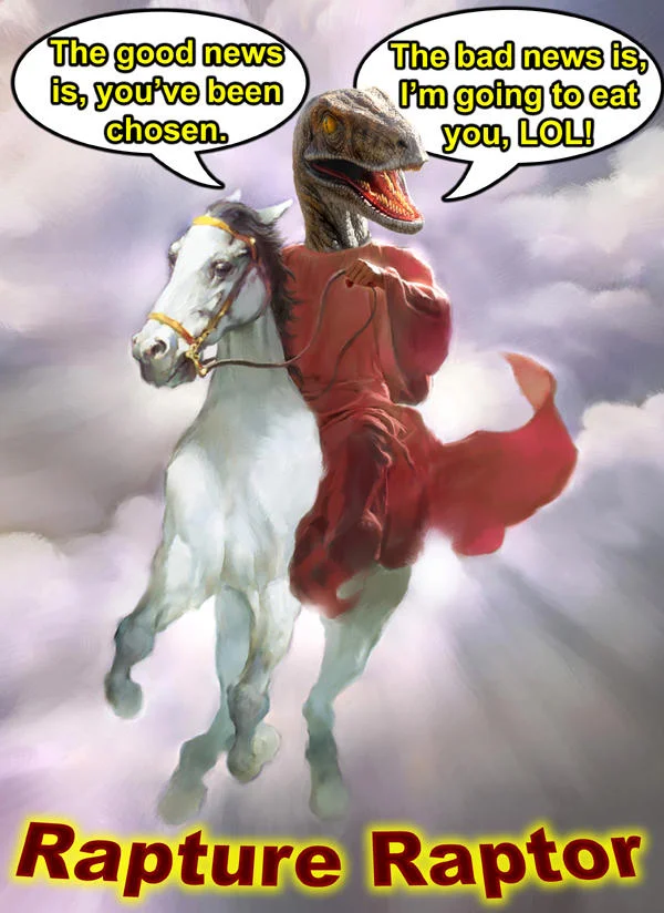 Raptor Jesus — Jesus preaching to a crowd with a raptor head and speech bubbles about a baby being for sale