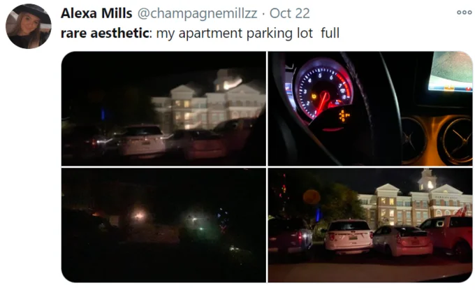 Rare Aesthetic Posting — Twitter screenshot showing nighttime photos of a full apartment parking lot and car dashboard