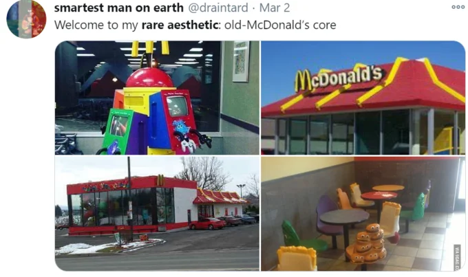 Rare Aesthetic Posting — Twitter screenshot showing four photos of old-style McDonald's restaurants and playground equipment