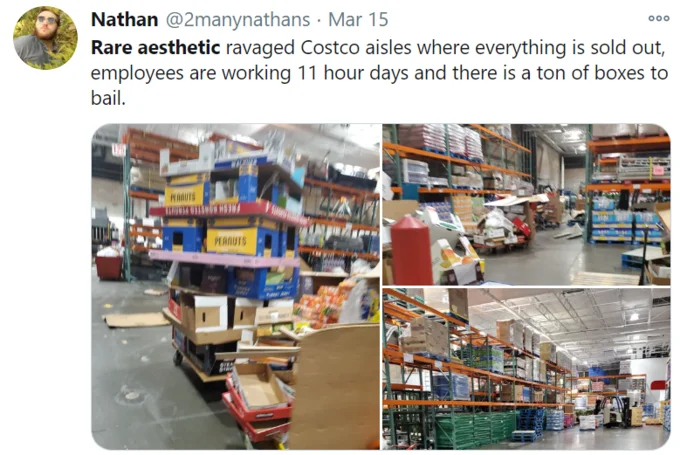 Rare Aesthetic Posting — Twitter screenshot showing photos of empty, disheveled Costco warehouse aisles