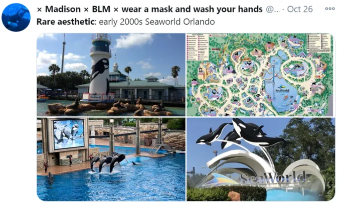 Rare Aesthetic Posting — Twitter screenshot showing early 2000s SeaWorld Orlando park photos and map