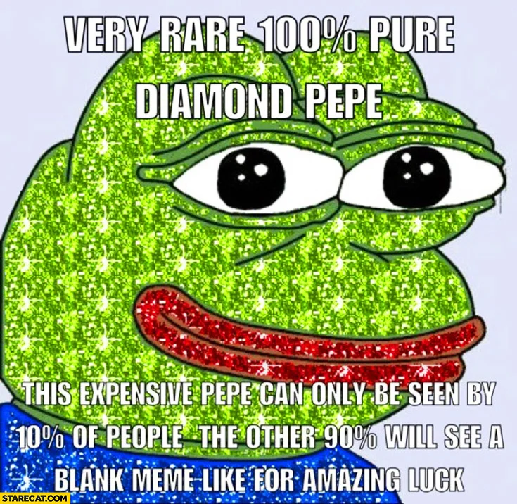 Rare Pepe — Neon-green Pepe with sparkly diamond texture effect throughout body with text 'VERY RARE 100% PURE DIAMOND PEPE' and extreme rarity description.