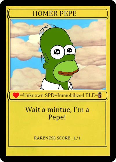 Rare Pepe — Trading card-style layout featuring 'HOMER PEPE' with illustrated Homer Simpson-headed Pepe variant on blue cloudy background with stats and 'Wait