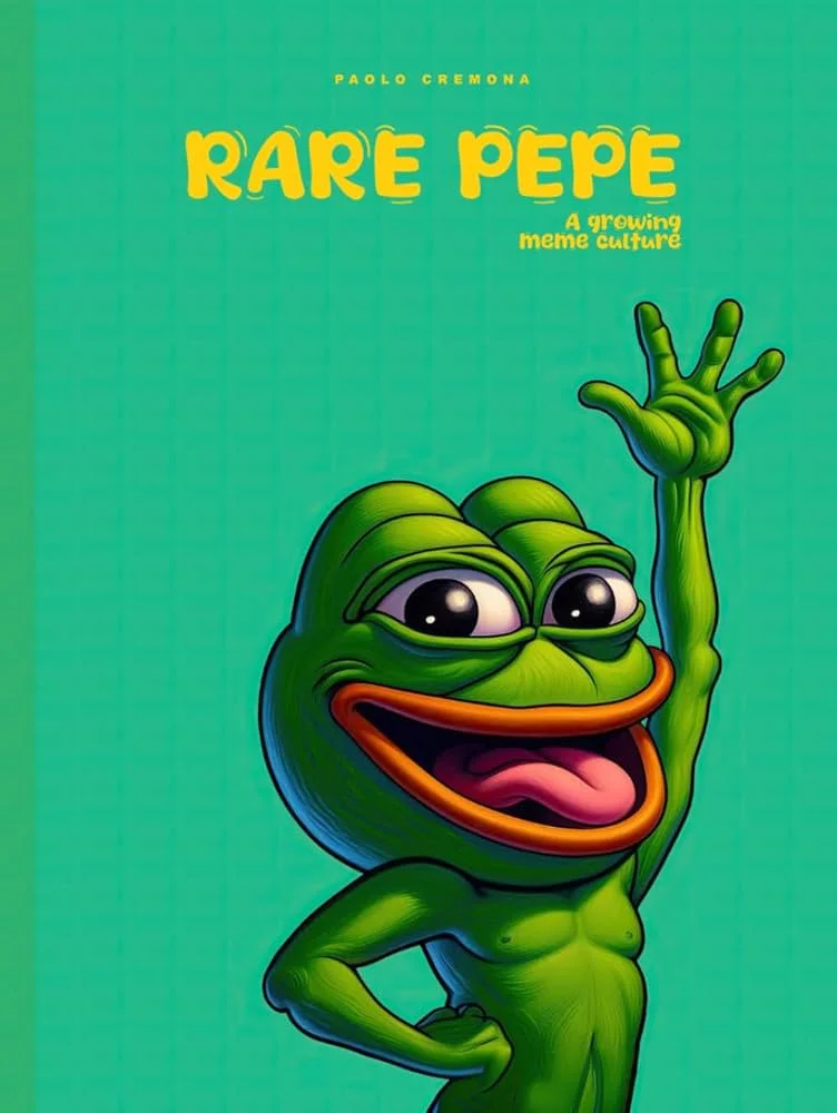 Iconic illustration of Pepe the Frog with raised hand and bright green coloring on turquoise background with large yellow 'RARE PEPE' text and artist credit.