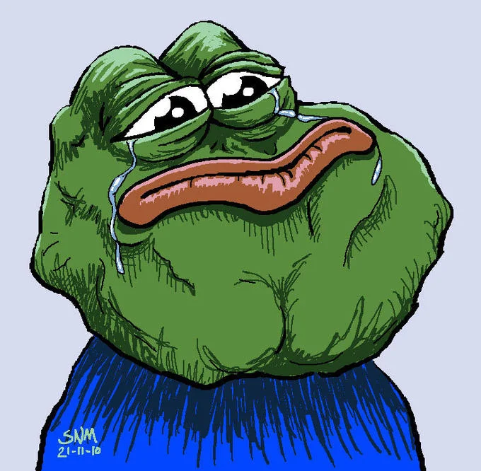 Rare Pepe — Minimalist digital illustration of green Pepe with characteristic drooping features and melancholic expression on simple blue background.