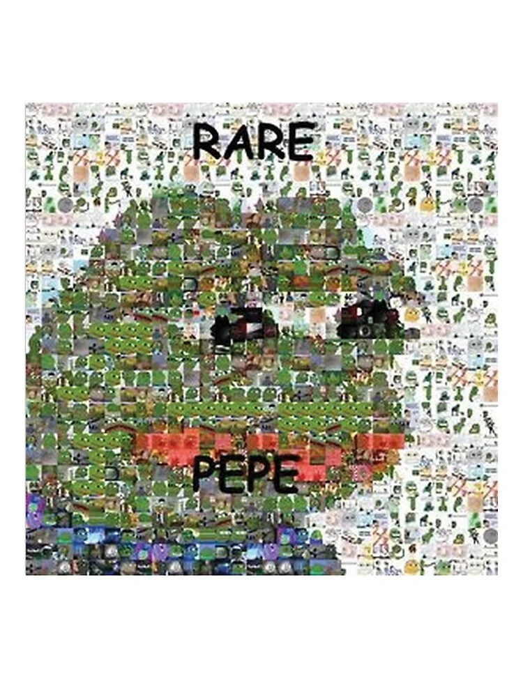 Rare Pepe — Photomosaic-style artwork composed of hundreds of tiny Pepe variations forming larger Pepe face with bold black 'RARE' and red 'PEPE' text overlay.