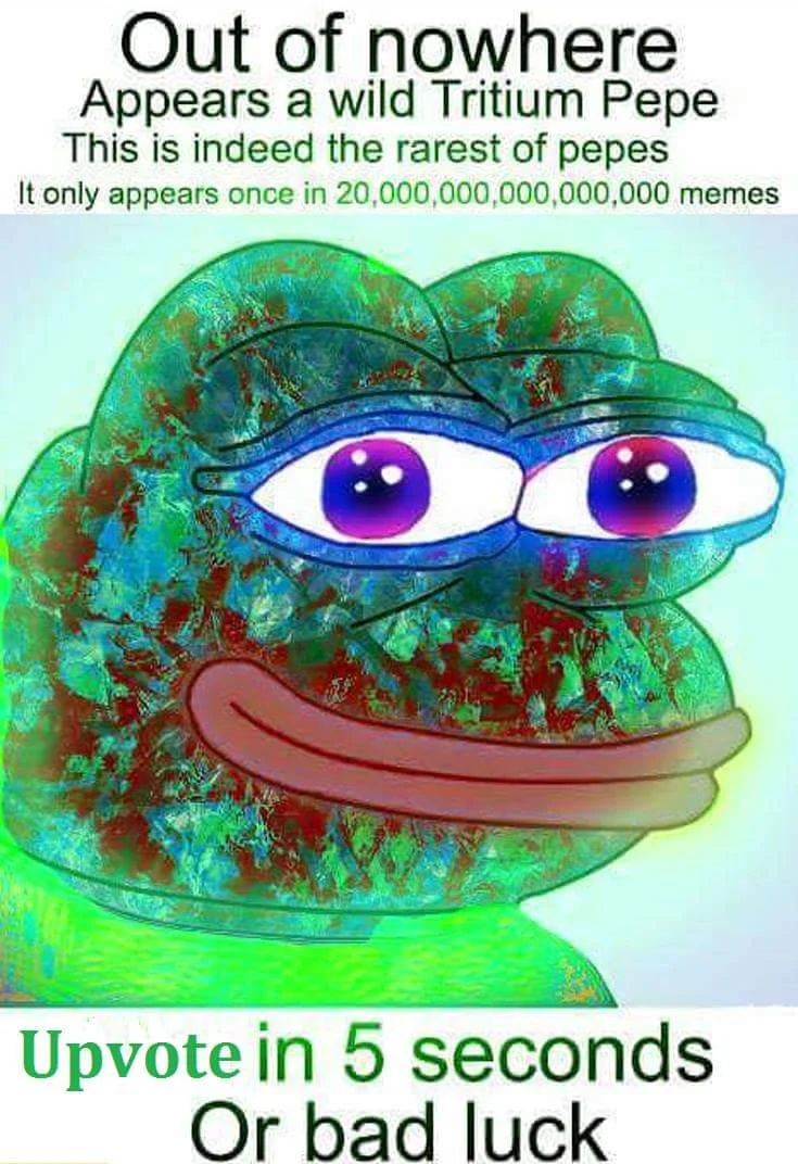 Rare Pepe — Pepe with cyan-green crystallized texture overlay and bright purple eyes described as 'Tritium Pepe' with caption about upvoting for luck.