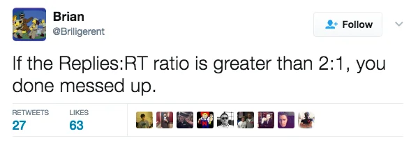 A Twitter post from user Brian explicitly defining the Ratio meme concept when replies-to-retweet ratio exceeds 2:1.