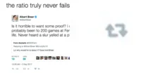 A screenshot containing commentary about someone having 'the worst ratio of all time from last night' demonstrating critique of engagement failures.