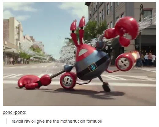 Ravioli Ravioli Give Me the Formuoli — Tumblr post of live-action Mr. Krabs figure with ravioli formuoli caption