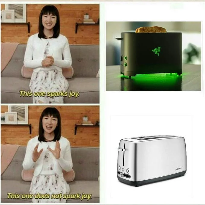 Marie Kondo meme rating the Razer Toaster as sparking joy and a chrome toaster as not.