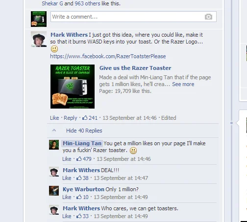 Facebook comment thread where Min-Liang Tan promises a Razer Toaster for one million page likes.