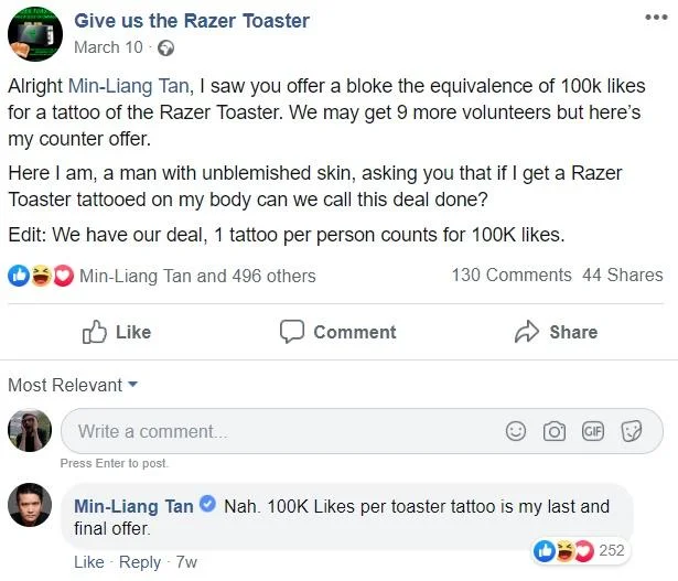 Facebook post proposing a tattoo-for-likes deal on Razer Toaster fan page.