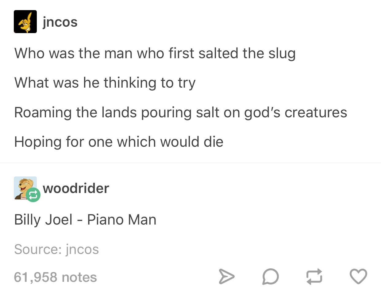 Read This in My Voice — Tumblr post with parody Billy Joel Piano Man lyrics about salting slugs
