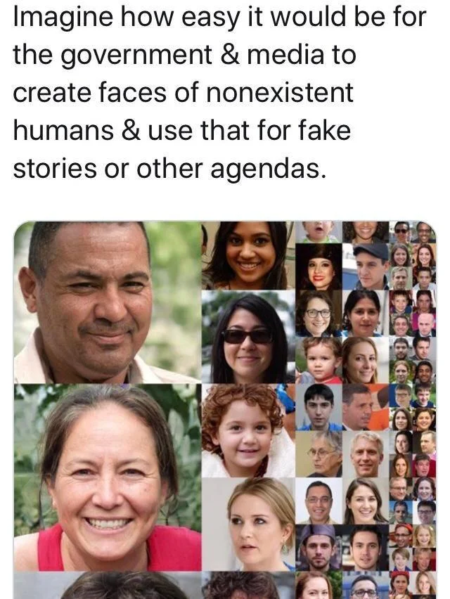 Real Life Npc — Post about AI-generated faces of nonexistent humans being used for fake stories, over a grid of synthetic portraits