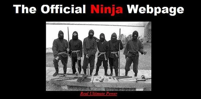 A screenshot of the original Real Ultimate Power website showing 'The Official Ninja Webpage' title with black-and-white photograph of six people in full black