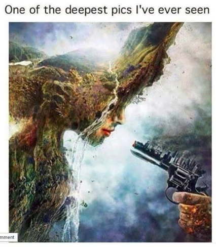 Really Makes You Think — Deep artistic meme with woman-landscape figure and gun