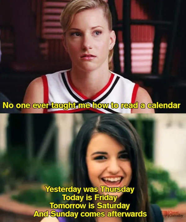Rebecca Black Friday — Two-panel meme collage about days of the week with Rebecca Black and Friday song
