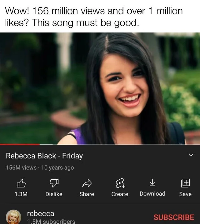 Rebecca Black Friday — YouTube parody showing Friday music video with 156 million views ironically praising it