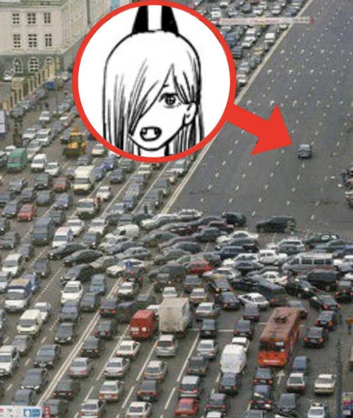 Red Circle Perpetrators — Traffic jam with red circle around an anime girl illustration.
