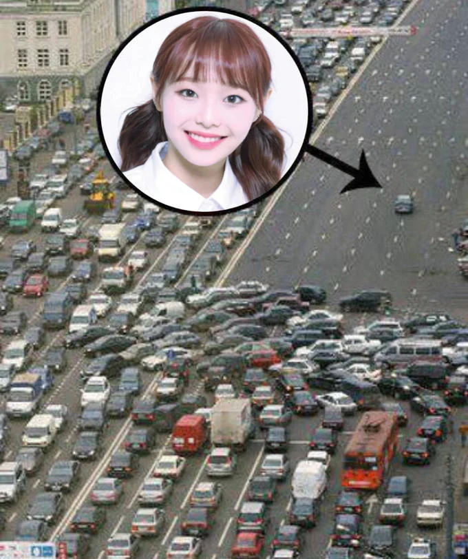 Red Circle Perpetrators — Traffic jam photo with a red circle around a smiling K-pop idol.